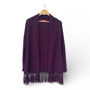 Lilly Pulitzer Purple Plum Knit Fringe Cardigan Open Front Shawl Collar Small
